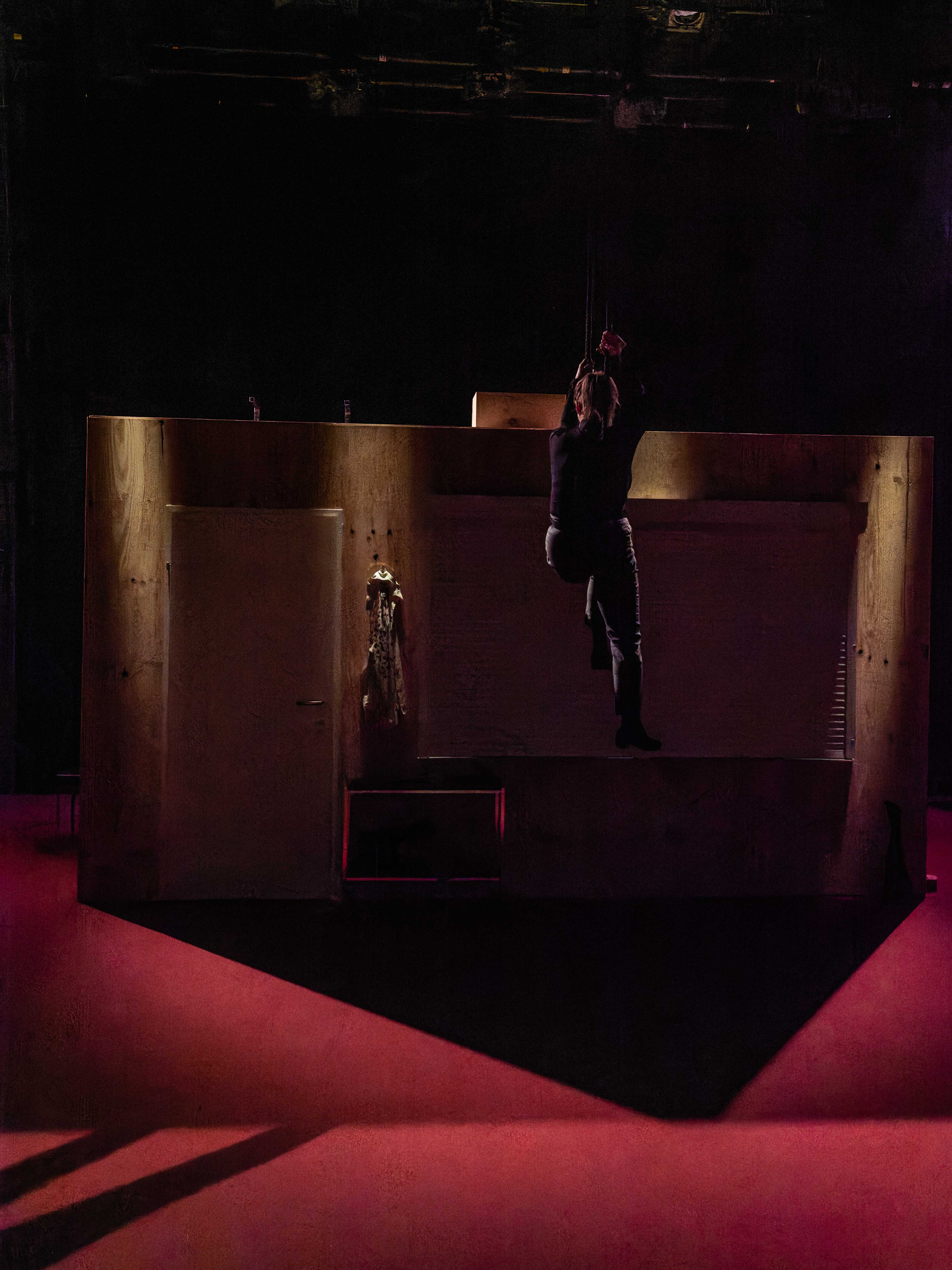 A performer hanging from a structure on stage, with a spotlight casting shadows on a red floor, creating a dramatic atmosphere.